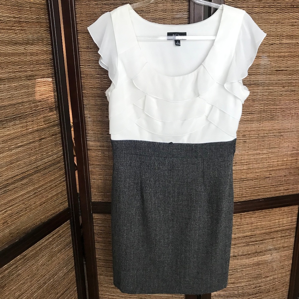 BCX White Ruffle Gray Career Pencil Skirt Dress